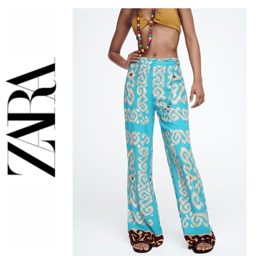 NWT Zara High Waisted Straight Leg Flexible Full Length Printed Trousers, XS